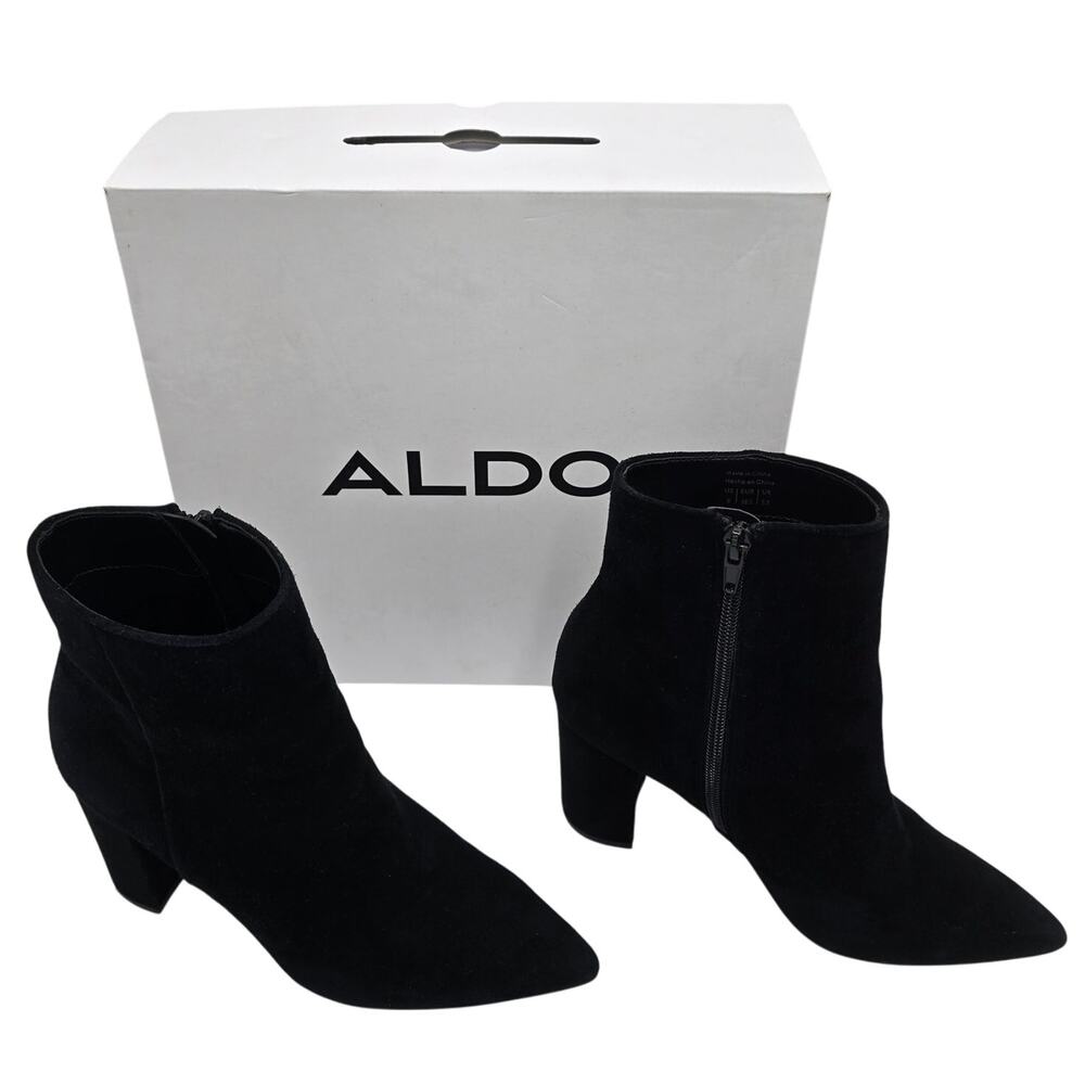 ALDO Black Suede Ankle Boots Pointed Toe Block Heel Zippered Bootie Women's 8